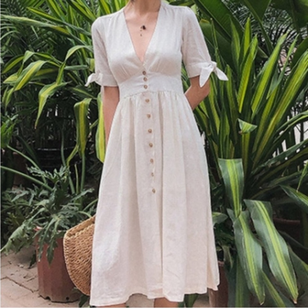 &merci - Cream Linen Midi Button Front Dress with pockets.